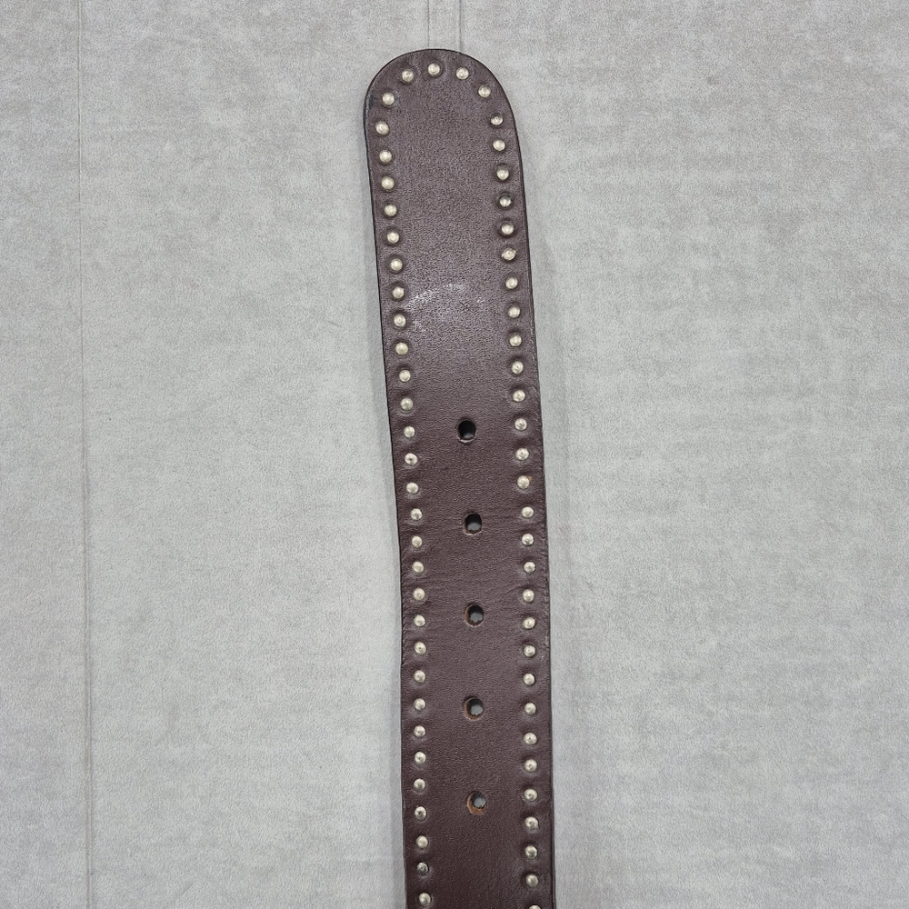 Calvin Klein belt women's large brown leather riveted studs silver logo buckle - Picture 5 of 15